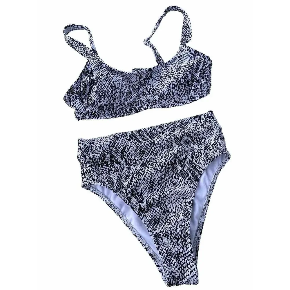 Exhilaration Black/ White Snake Print 2pc Bikini Womens MED High Waisted Bottom‎